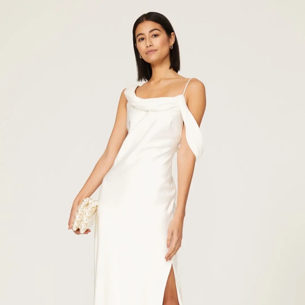 Fame and Partners Francois White Satin Drape Midi Dress
